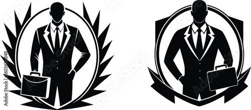 A professional business silhouette logo of a confident businessman holding a briefcase