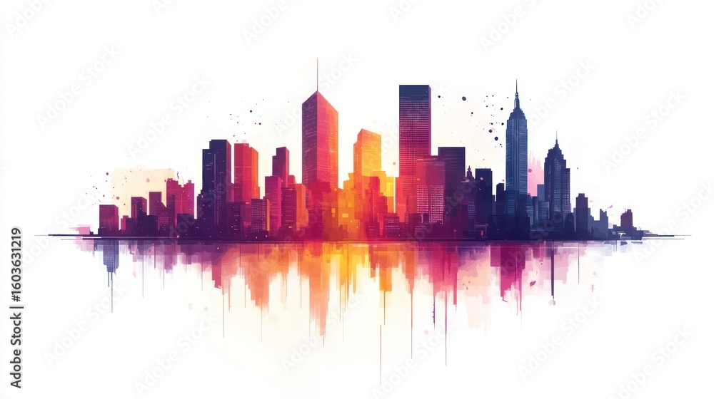 Naklejka premium Colorful city skyline reflection, urban landscape, vibrant sunset, artistic digital painting, stock photo