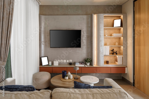 Modern living room interior with a TV mounted on a concrete-textured wall. Features a built-in shelf with LED lighting and contemporary furniture.