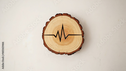 Life Pulse Concept on Wood Slice with Heartbeat Line