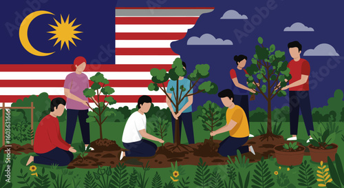 A group of young Malaysians is planting a tree in a park under the national flag, emphasizing environmental awareness and national unity through community action.