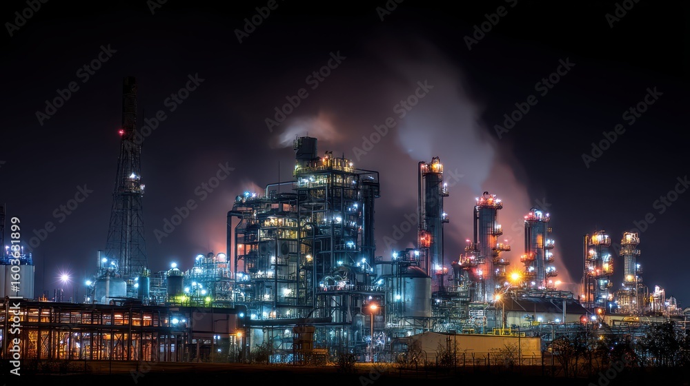 Naklejka premium Night View of Refinery with Illuminated Structures and Smoke