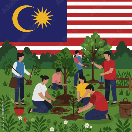 A group of young Malaysians is planting a tree in a park under the national flag, emphasizing environmental awareness and national unity through community action.