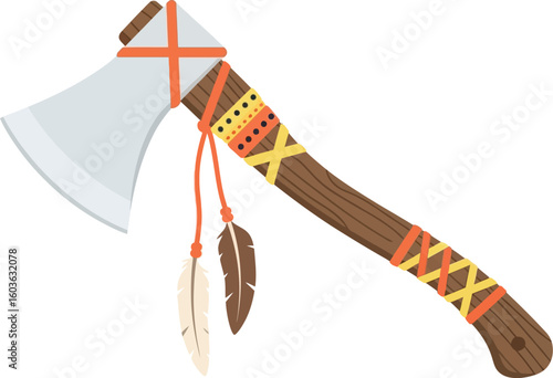 Illustration of a tomahawk with a silver blade, wooden handle, and feather decorations tied on