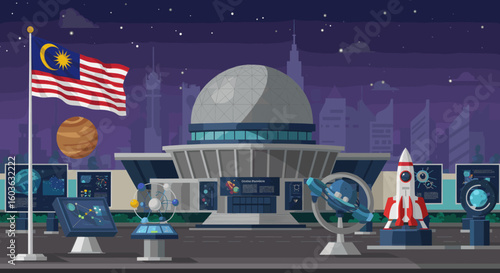 An educational space center with telescopes, rockets, and planetary displays stands proudly under the Malaysian flag, symbolizing exploration, science, and national ambition in space technology.