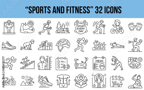 Set of 32 sports and fitness icons in line art style  
