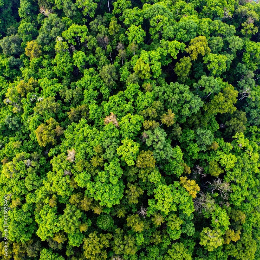Naklejka premium A breathtaking aerial view of the lush Amazon rainforest, showcasing a vibrant tapestry of green treetops, winding rivers, and diverse wildlife habitats.