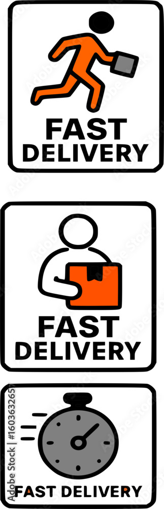 Obraz premium Fast delivery service icons, showing a running person, a person carrying a package, and a stopwatch.