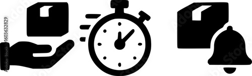 Hand delivering a package quickly, with a timer and notification bell.