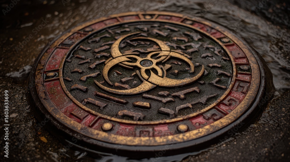 Obraz premium Biohazard Symbol on Sewer Drain Cover with Textured Metal Design