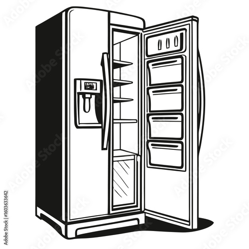Open Two Door Refrigerator a Modern Marvel of Food Storage and Cooling Technology in Black and White