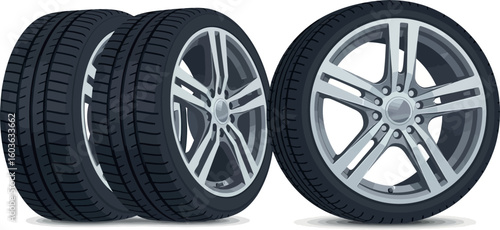 A studio shot of three car tires with silver rims stacked on a white seamless background view