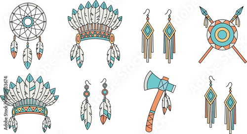 Illustration of native american cultural items including headdresses, earrings, and weapons