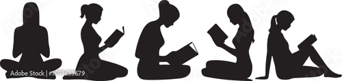Male female Reader pose standing, sitting, set, bundle silhouette vector icon illustration 