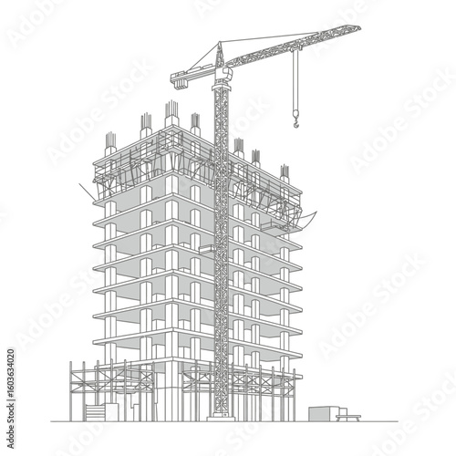 Modern skyscraper construction site with a tall tower crane lifting materials against a white background, architectural blueprint style.