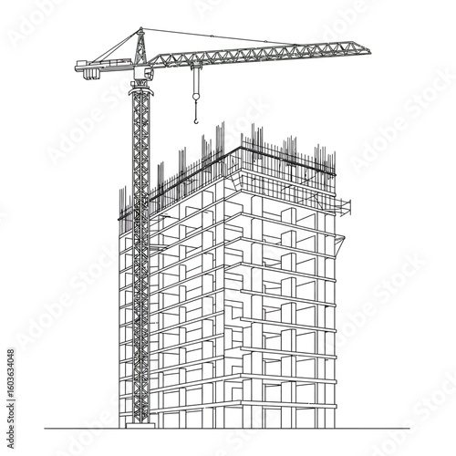 A tall building under construction is shown in a detailed line drawing with a crane, illustrating the process of urban development and modern architecture.