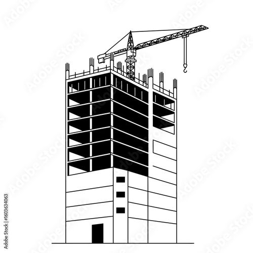 Modern skyscraper construction site with a tower crane lifting materials, showcasing urban development progress.