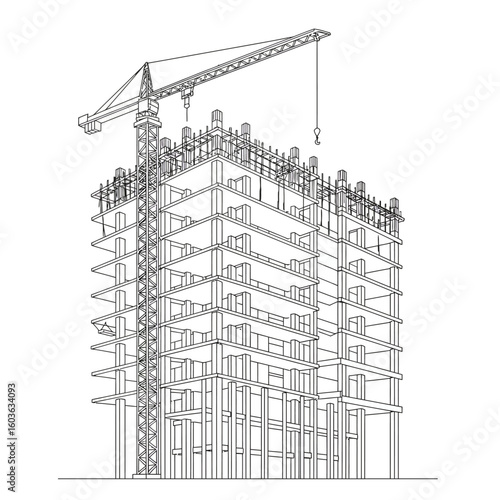 Detailed line drawing of a multi-story building under construction, with a large crane lifting materials to the upper floors.