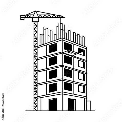 A minimalist black and white line art illustration depicts a multi-story building under active construction with a prominent tower crane.