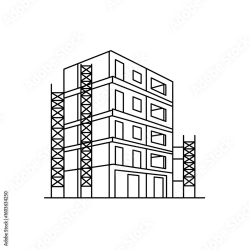 Line drawing of a multistory building under construction, with scaffolding visible on both sides, suggesting ongoing development and urban growth.