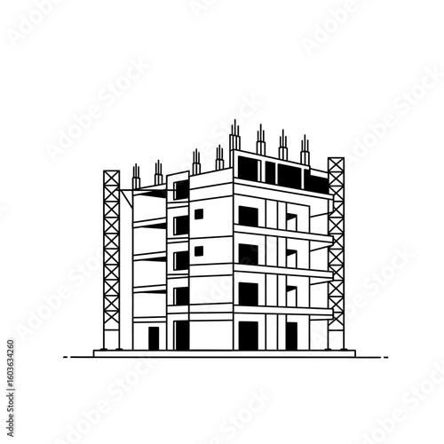 A minimalist line drawing depicts a multistory building under construction, showcasing its structural framework and architectural design against a plain white background.
