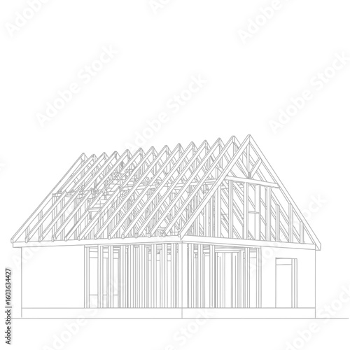 An architectural wireframe of a single-story residential house under construction, showcasing the structural framework against a clean white background, creating a minimalist design.