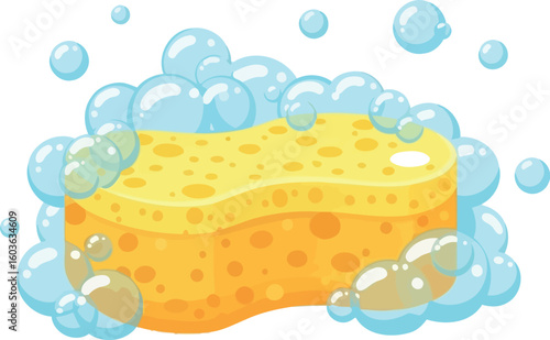 A yellow sponge covered in blue soap bubbles on a white background in a cartoon illustration