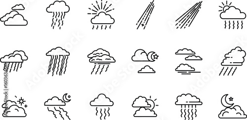 Collection of Weather Icons Featuring Clouds, Rain, Sun