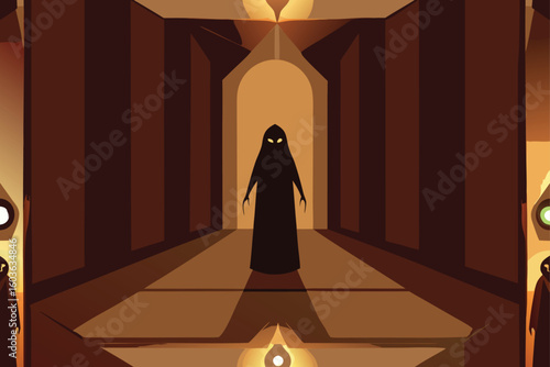 Silhouetted figures moving in a dense foggy forest vector illustration