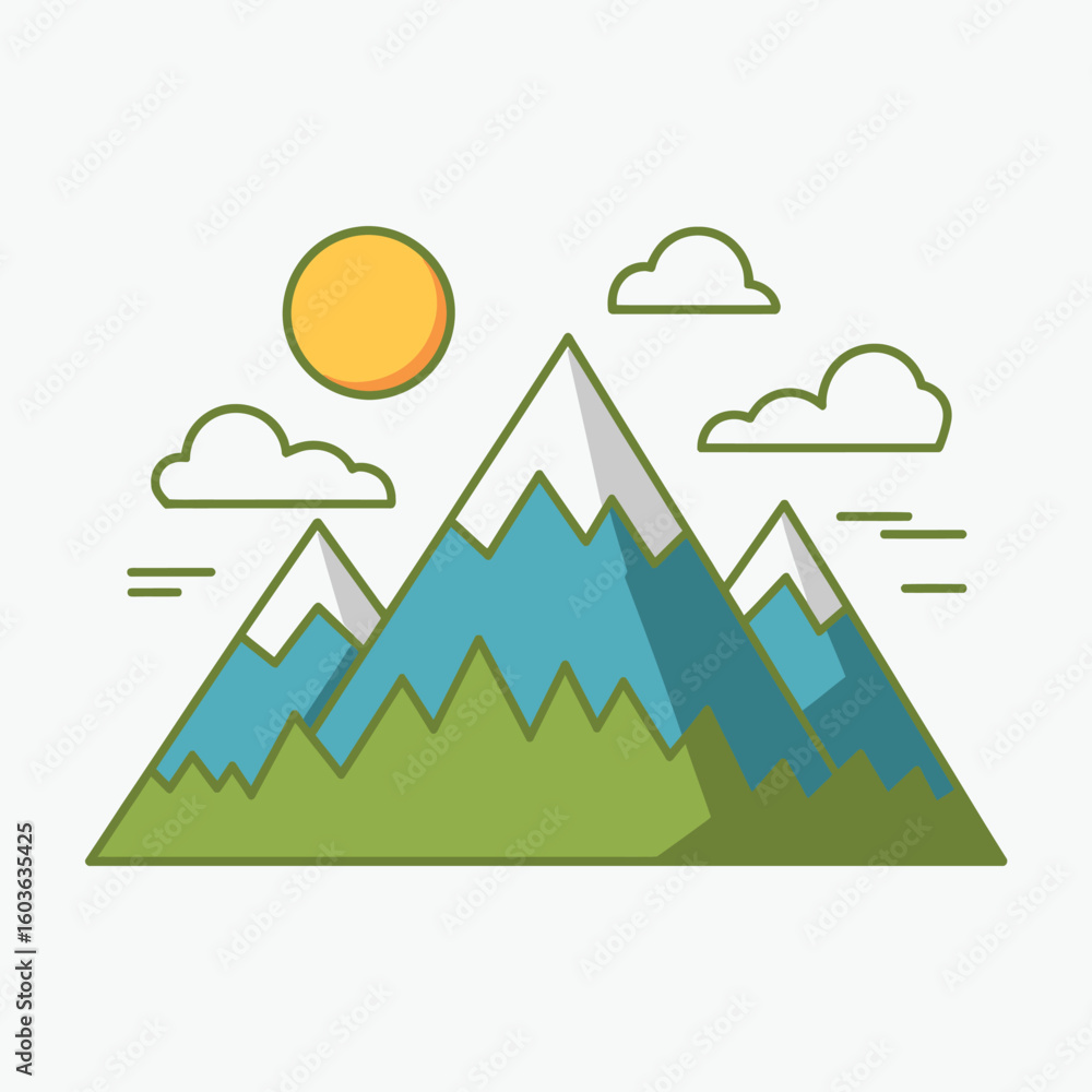 Naklejka premium Stylized mountain range under a sunny sky with clouds