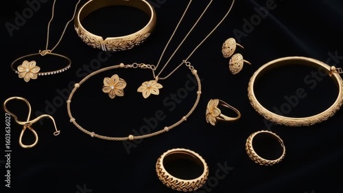 Gold jewelry including flower motif earrings necklaces rings  bangles are arranged on a black background