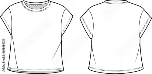 Blank white t-shirt front and back view, collar and sleeve detail, technical garment sketch, apparel design template, fashion illustration