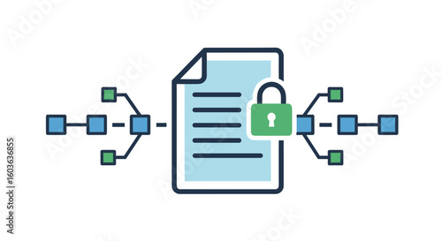 This conceptual illustration features a secure digital document protected by a green padlock, intricately linked to a decentralized blockchain network.