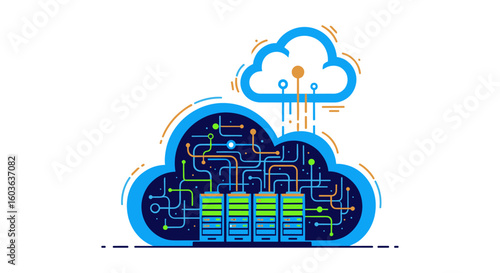 Digital cloud computing concept with servers and data flow, illustrating network connections and information technology infrastructure.