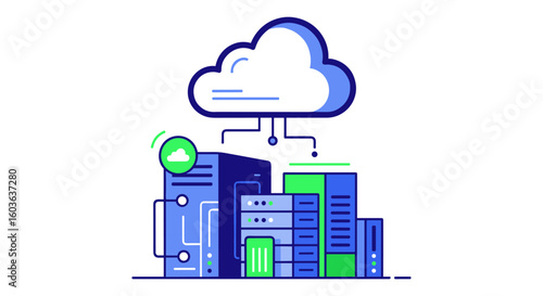 Cloud computing data storage concept illustration depicting interconnected servers and a cloud symbol, ideal for technology websites, presentations, and educational materials on data centers and