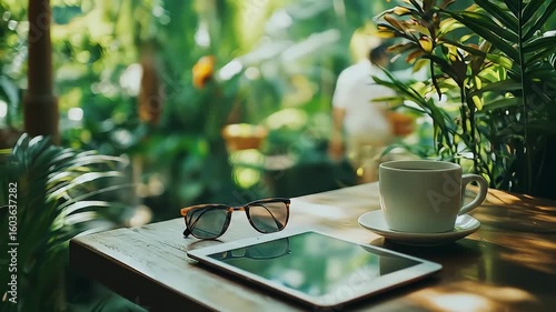 Blurred Woman Walking Near Coffee Cup Sunglasses and Tablet on a Wooden Table with Green Plants in a Relaxing Daylight Cafe Setting