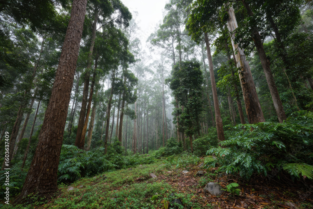 Obraz premium dense rainforest in australia rich in biodiversity thrives under overcast sky creating captivating atmosphere