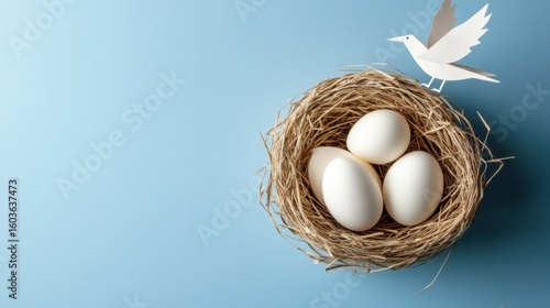 Wallpaper Mural Top view of delicate eggs in paper nest on soft blue background with paper bird flying above Torontodigital.ca