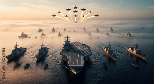 Naval Fleet Formation with Aircraft Carrier and Fighter Jets at Sunrise