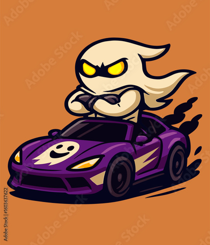 Ghost in a race suit drifts stylishly in a ghost-themed sports car, glowing eyes and cartoon flair.