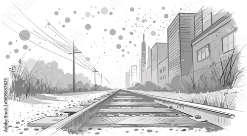 Perspective illustration of railroad tracks leading to a city with grayscale artistic style and urban landscape