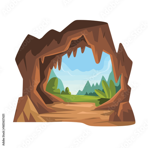 Cave entrance opening to a lush green landscape
