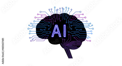An artistic depiction of an AI brain, featuring a glowing neon outline of a human brain with the letters "AI" inside, connected by a circuit board, set against a clean white background.