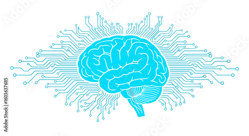 Abstract illustration of a human brain connected to a circuit board, symbolizing artificial intelligence, neural networks, and technological advancements in neurology and computing.