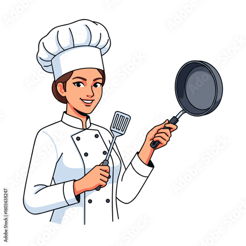 A cheerful female chef wearing a traditional white uniform and hat presents a frying pan and spatula, ready for culinary action.