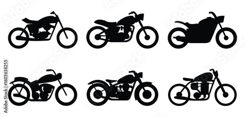 Collection of classic motorcycle silhouettes in black and white