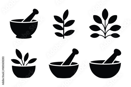 Herbal remedies and natural medicine icons in black silhouette