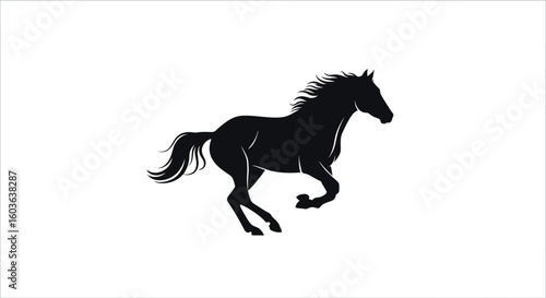 A black silhouette of a horse galloping on a white background with a flowing mane and tail