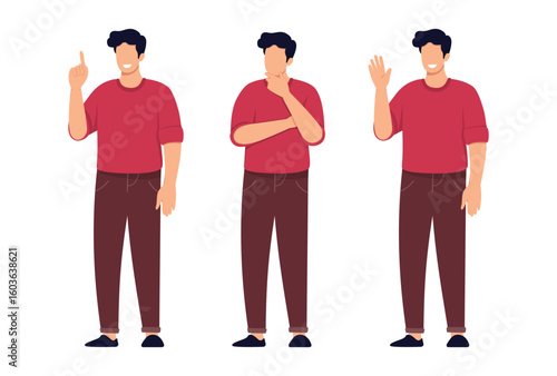 Set of character young man greets , thinks and finds a solution. Vector illustration.