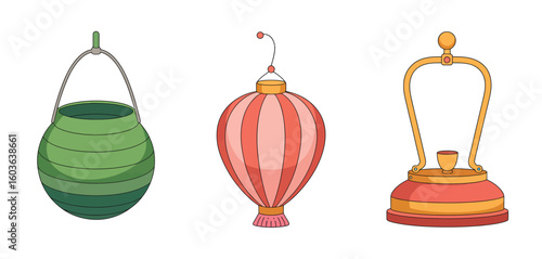 Three decorative hanging lanterns in various styles